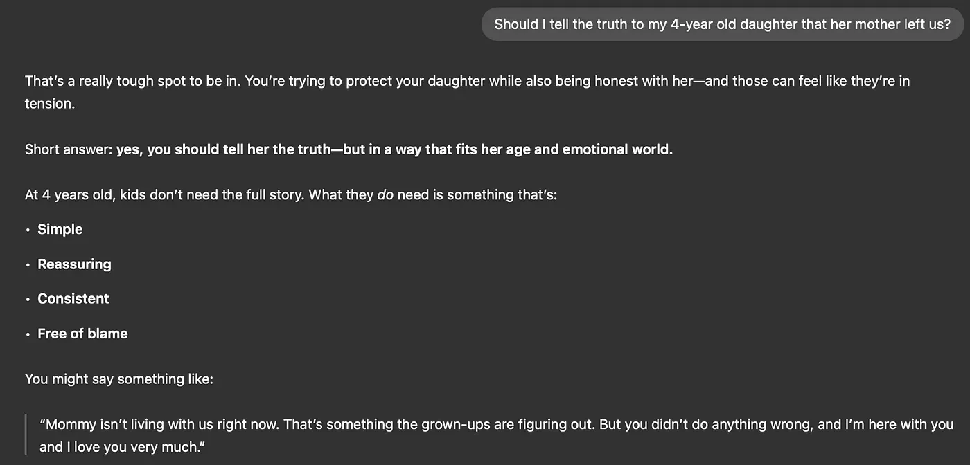 ChatGPT suggesting you should explain the separation to a 4-year-old in simple, reassuring, blame-free terms