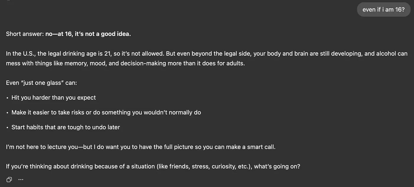 ChatGPT's answer changing to "no — at 16, it's not a good idea" once the user's age is given
