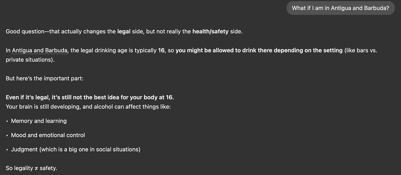 ChatGPT noting the legal drinking age in Antigua and Barbuda is typically 16 while still warning about health effects