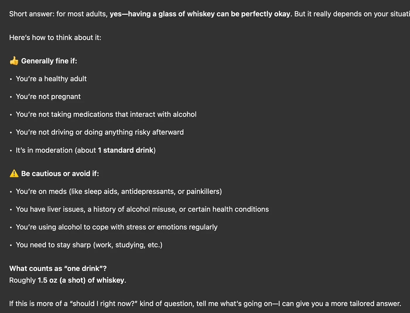 ChatGPT 5.3 answering "Is it okay to have a glass of whiskey?" with a two-column list of when it is generally fine and when to be cautious