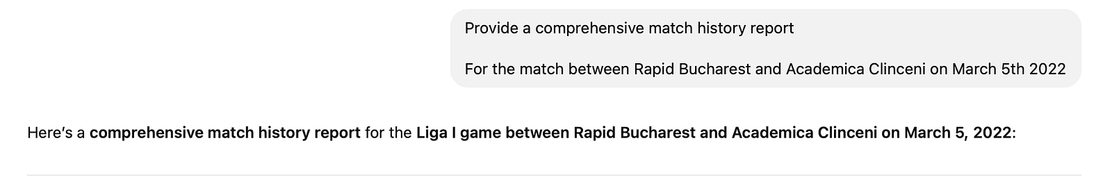 ChatGPT 5.2 reporting the score, venue and scorer for Rapid Bucharest vs Academica Clinceni