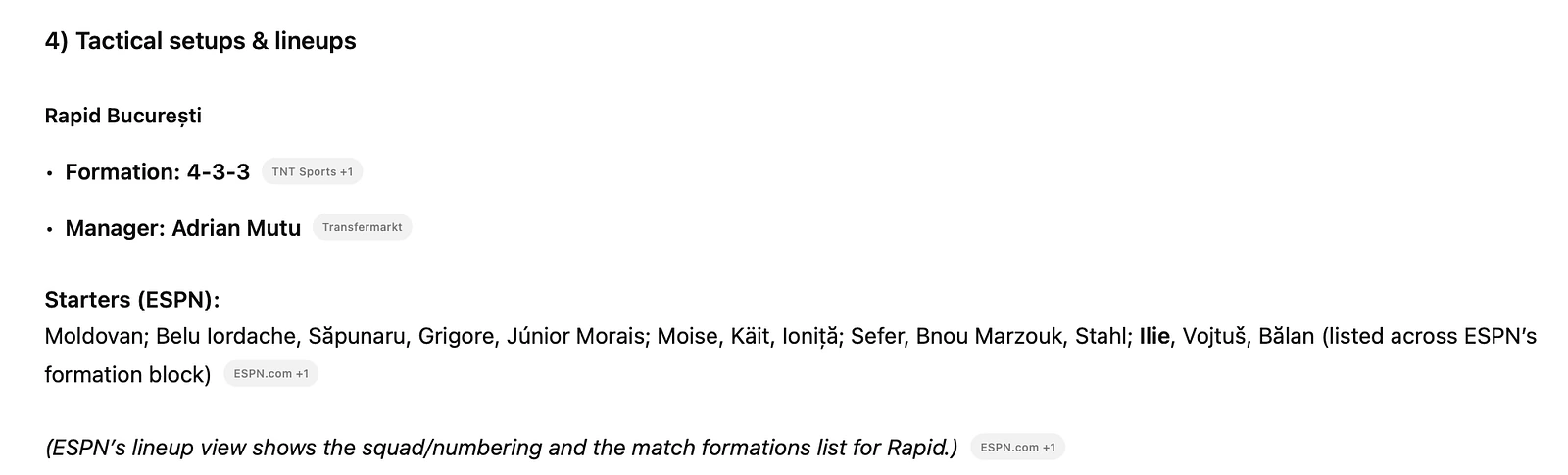 Second response from ChatGPT regarding the lineup of FC Rapid Bucharest