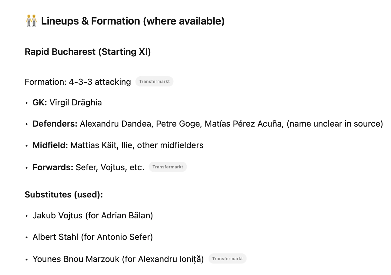 ChatGPT response stating the starting lineup of FC Rapid Bucharest